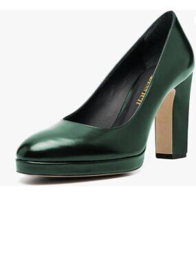 miss left Green Platform Almond Toe Pumps Classic Slip On Block High Heel Shoe